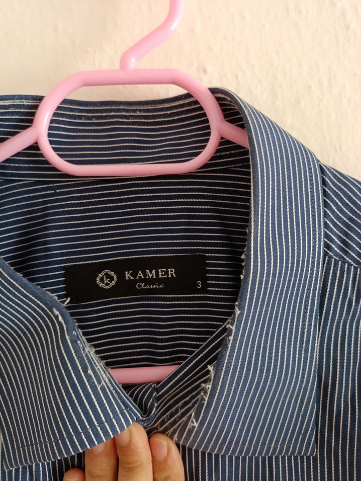 lacivert beyaz çizgili erkek gömleği - Görsel 2