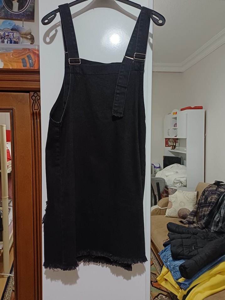 Siyah Kot Midi Askılı Tulum - Görsel 2