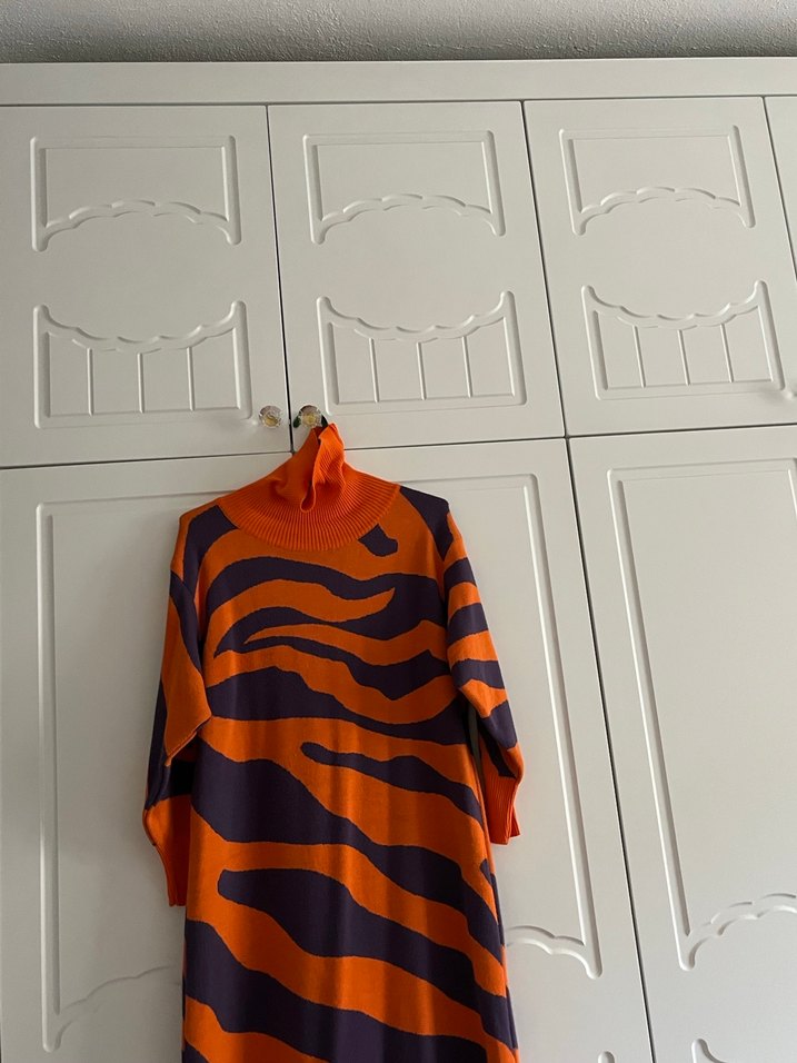 Turuncu Zebra Desenli Uzun Balıkçı Yaka Elbise - Görsel 2