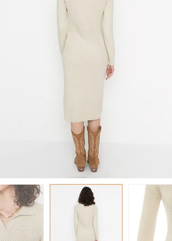 Bej Kadın Triko Midi Elbise - Görsel 3