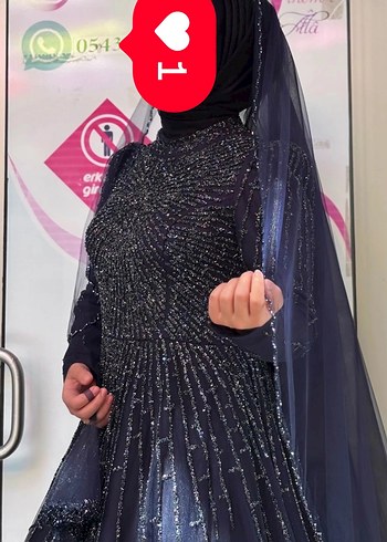 Uzun Kollu Etnik Desenli Lacivert Gotik Nişan Elbisesi - Görsel 4