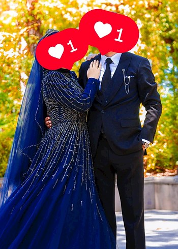 Uzun Kollu Etnik Desenli Lacivert Gotik Nişan Elbisesi - Görsel 3