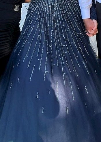 Uzun Kollu Etnik Desenli Lacivert Gotik Nişan Elbisesi - Görsel 5