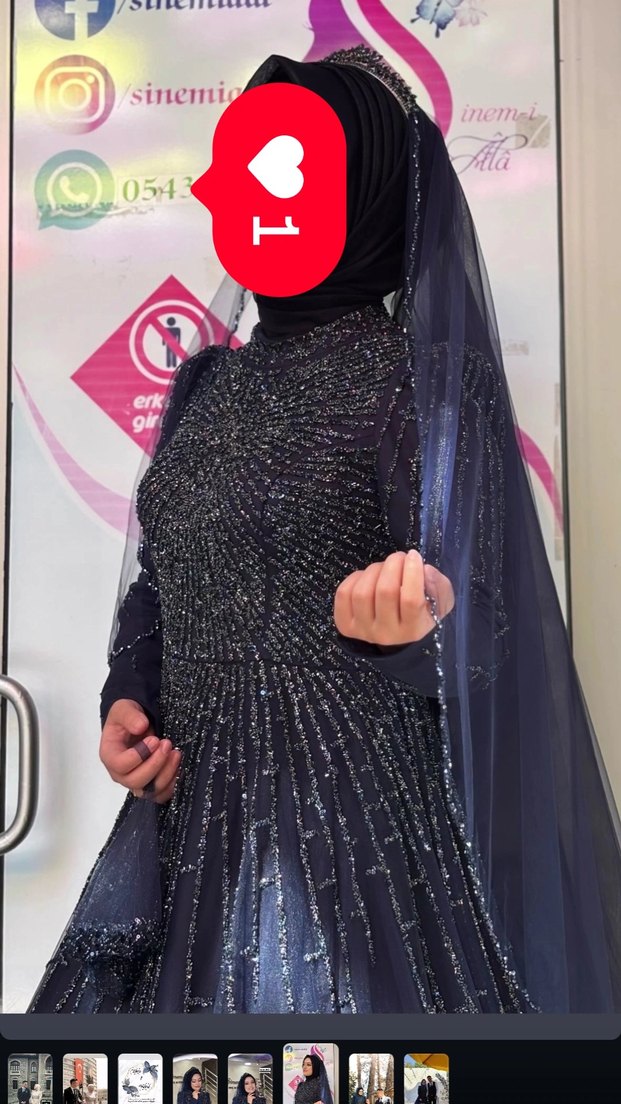 Uzun Kollu Etnik Desenli Lacivert Gotik Nişan Elbisesi - Görsel 4