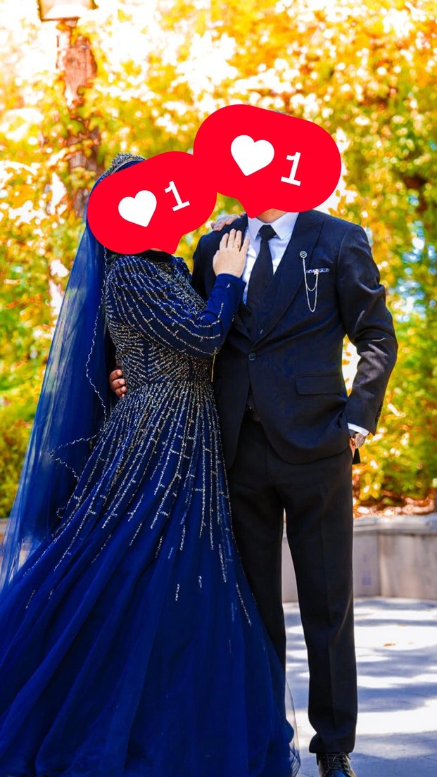 Uzun Kollu Etnik Desenli Lacivert Gotik Nişan Elbisesi - Görsel 3