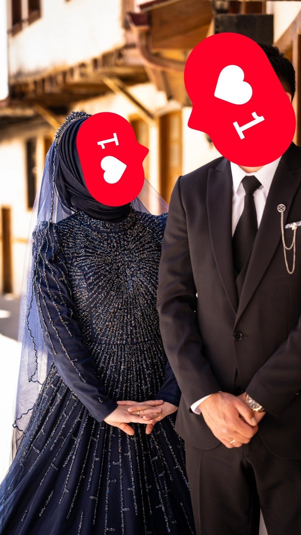 Uzun Kollu Etnik Desenli Lacivert Gotik Nişan Elbisesi - Görsel 2