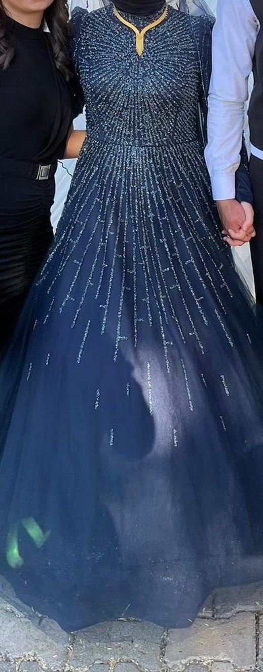 Uzun Kollu Etnik Desenli Lacivert Gotik Nişan Elbisesi - Görsel 5