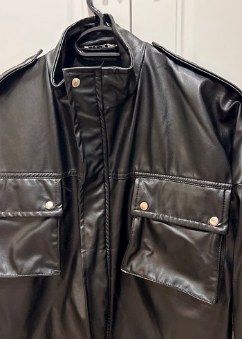 m Beden Oversize Düğmeli Siyah Deri Biker Ceket