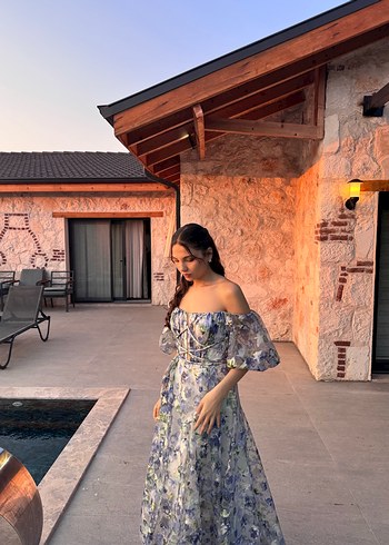 Şeffaf Çiçekli Uzun Bohem Elbise - Görsel 3