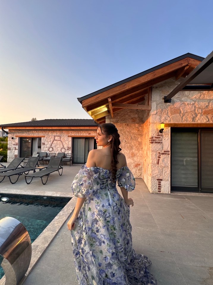 Şeffaf Çiçekli Uzun Bohem Elbise - Görsel 2