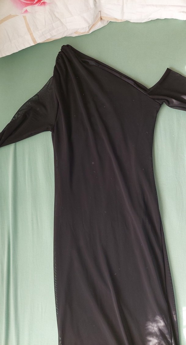 Uzun Kollu Siyah Drapeli Tek Kol Elbise - Görsel 5