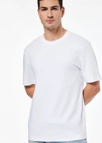 Erkek Beyaz Pamuklu Salaş Tişört - Görsel 3