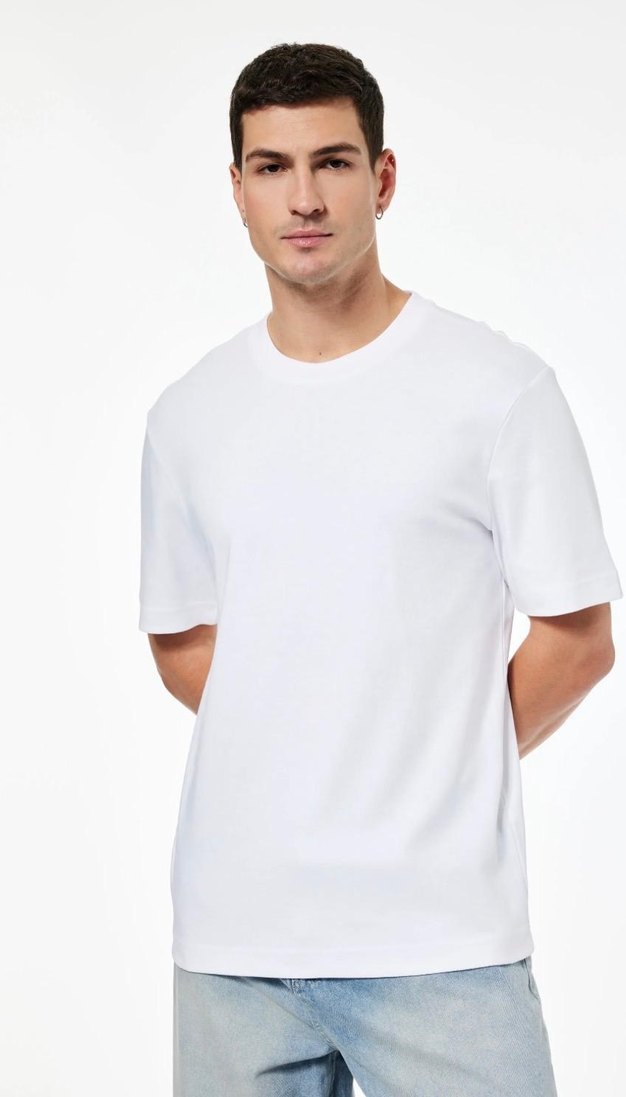 Erkek Beyaz Pamuklu Salaş Tişört - Görsel 3