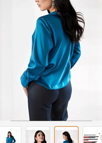 Mavi Saten V Yakalı Kadın Gömlek - Görsel 2