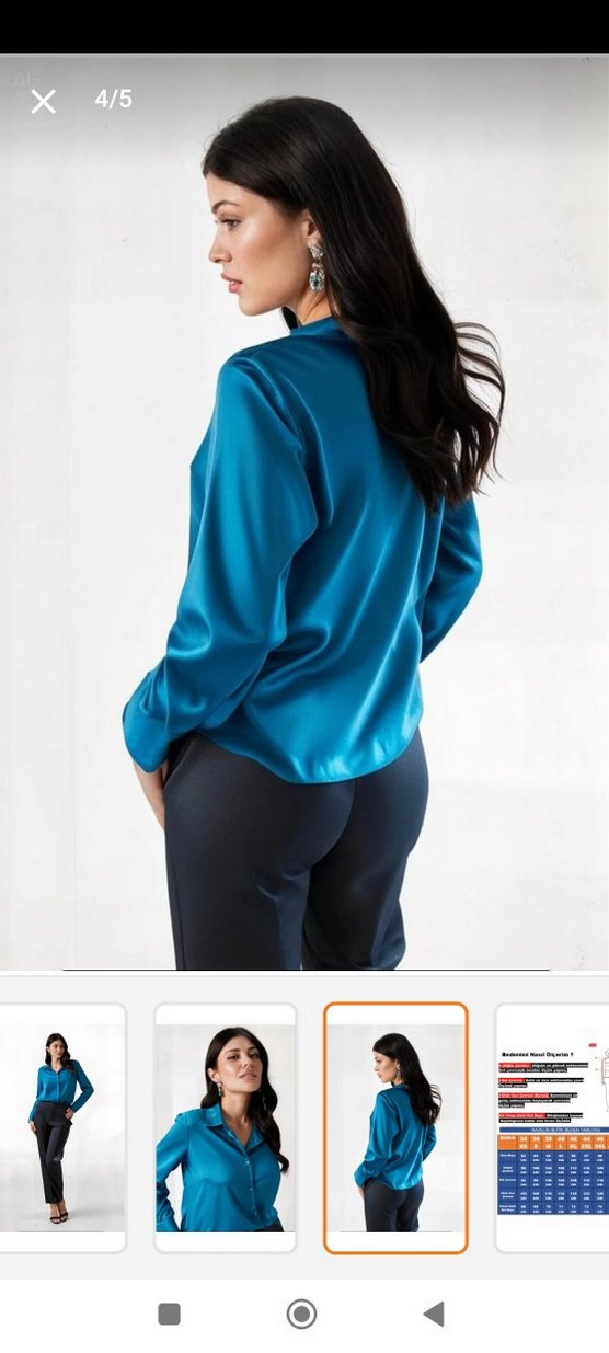 Mavi Saten V Yakalı Kadın Gömlek - Görsel 2