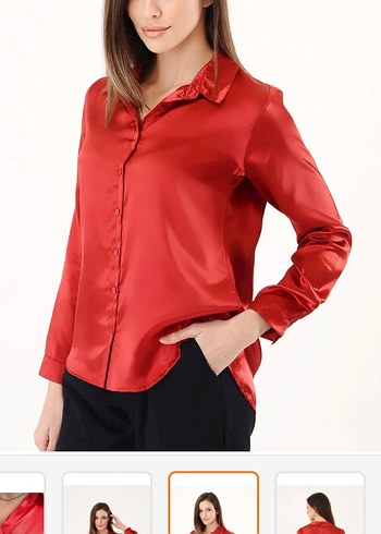 Kırmızı Parlak Saten Düğmeli Kadın Gömlek - Görsel 2