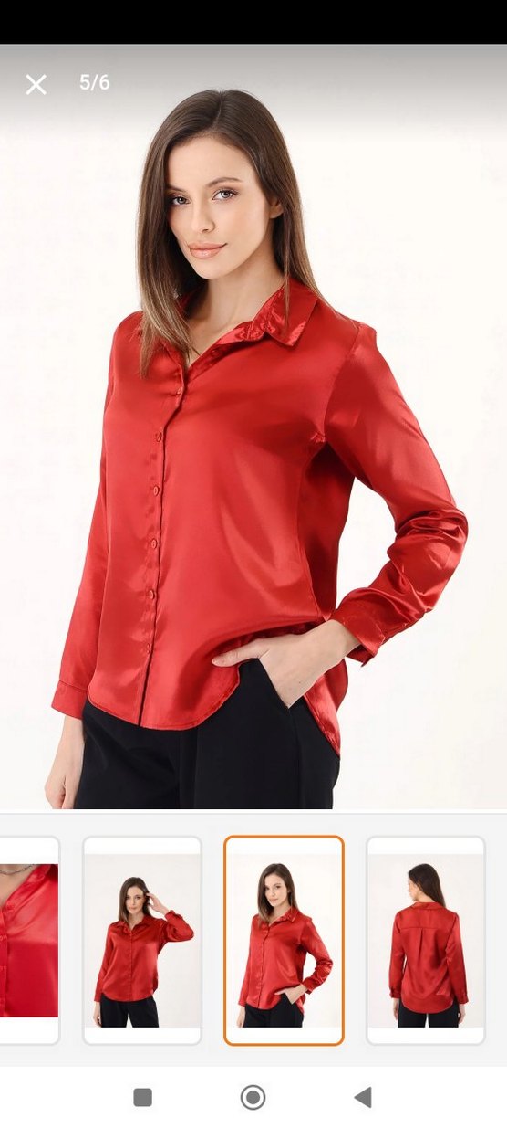 Kırmızı Parlak Saten Düğmeli Kadın Gömlek - Görsel 2