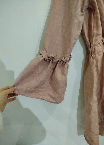 Bej Midi Keten Kadın Tunik V Yakalı - Görsel 3