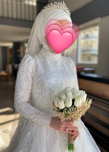 Uzun Kollu Yüksek Yakalı Prenses Gelinlik - Görsel 2