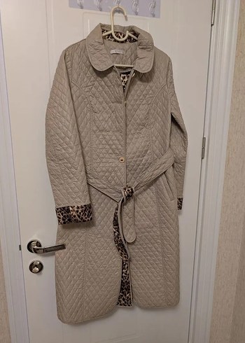 Leopar Desenli Kadın Bej Uzun Ceket - Görsel 2