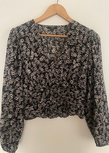 V Yaka, Düğmeli, Uzun Kollu Kadın Bluz Mavi Jeans - Görsel 2