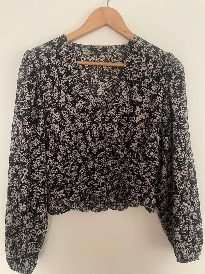 V Yaka, Düğmeli, Uzun Kollu Kadın Bluz Mavi Jeans - Görsel 2