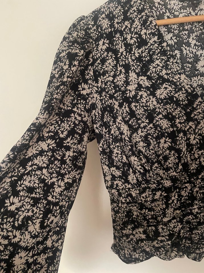 V Yaka, Düğmeli, Uzun Kollu Kadın Bluz Mavi Jeans - Görsel 4