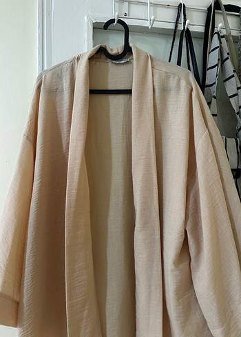 40 Beden Bej Keten Midi Kadın Kimono