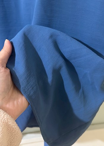 40 Beden mavi Renk Mavi Uzun Kollu Midi Keten Tunik