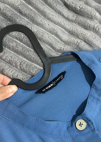 40 Beden Mavi Uzun Kollu Midi Keten Tunik
