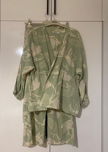 l Beden yeşil Renk Yeşil Desenli Uzun Keten Kimono
