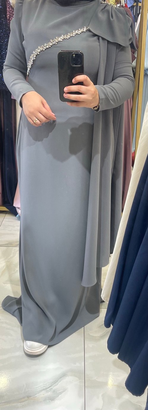 Uzun Gri Drapeli Kadın Abiye Elbise - Görsel 2