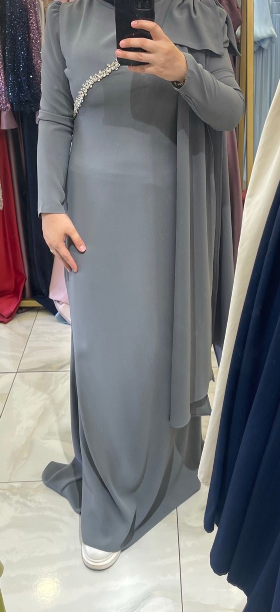 Uzun Gri Drapeli Kadın Abiye Elbise - Görsel 3