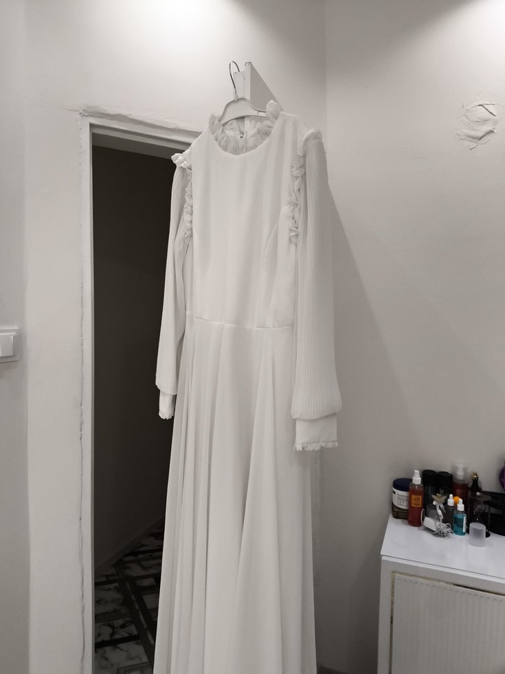 Uzun Kollu Beyaz Vintage Düğün Elbisesi - Görsel 2