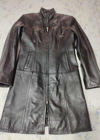 Siyah Uzun  klasik Deri Kadın Ceket gerçek deri - Görsel 3