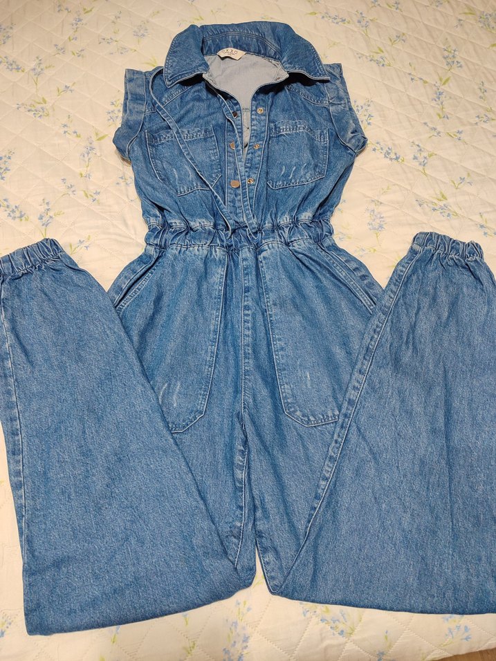 Kadın Mavi Kot Tulum, Askısız, Kemerli - Görsel 2