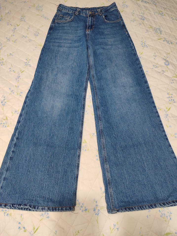 Düğmeli Mavi Rahat Kesim Kadın Kot Pantolon - Görsel 3