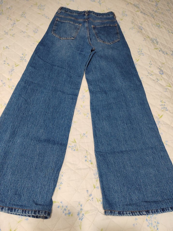 Düğmeli Mavi Rahat Kesim Kadın Kot Pantolon - Görsel 4