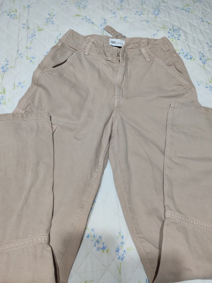 Bej Kadın Kemerli Bol Kesim Kumaş kot Pantolon - Görsel 3