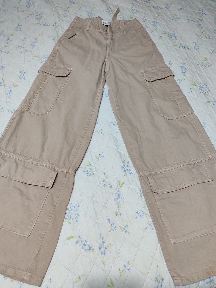 Bej Kadın Kemerli Bol Kesim Kumaş kot Pantolon - Görsel 2