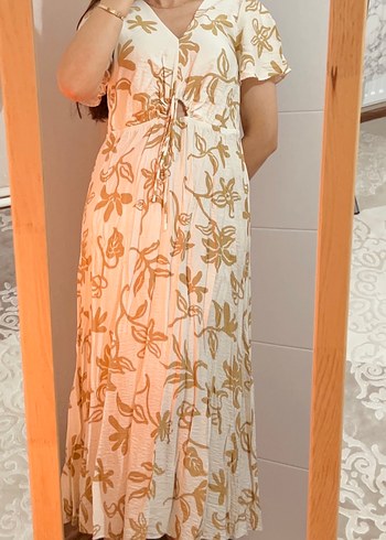 Mango Ekru Kahverengi Cicekli Uzun Elbise