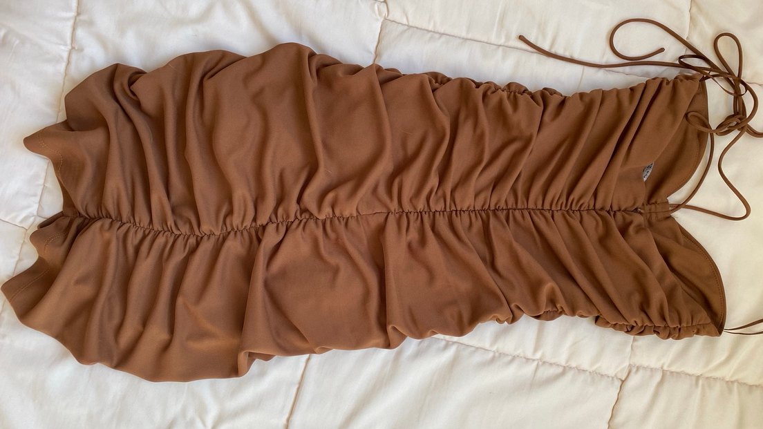 Deri Kahverengi Mini Straplez Elbise - Görsel 3