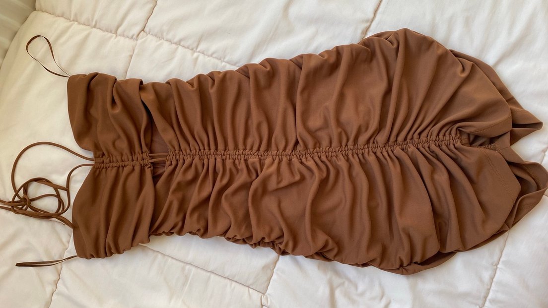 Deri Kahverengi Mini Straplez Elbise - Görsel 5