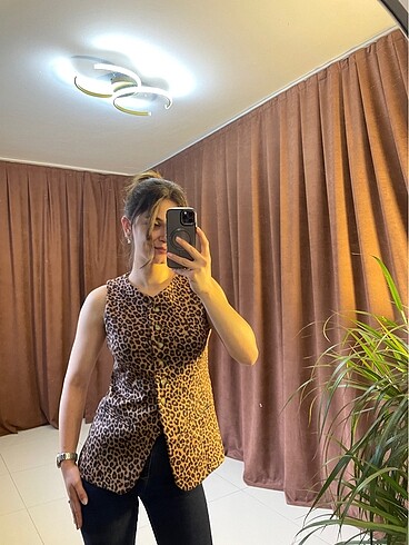 Diğer Leopar Desen Süet Yelek