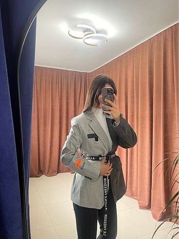 Diğer Gri Çift Renk Kemerli Blazer Ceket