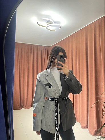 diğer Beden Gri Çift Renk Kemerli Blazer Ceket