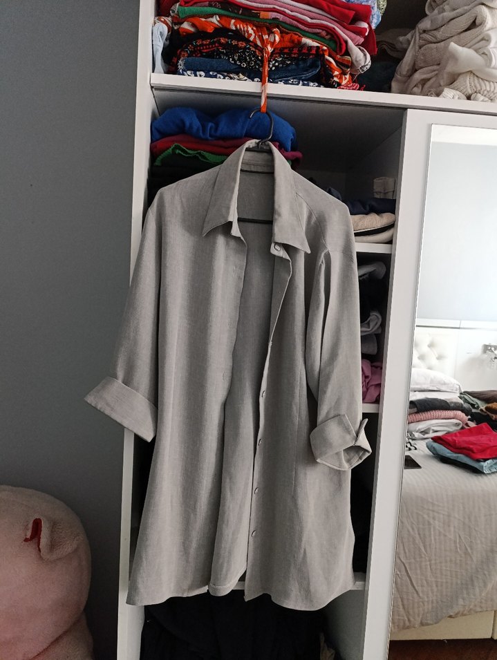 Gri Keten Kadın Gömlek Midi Boy - Görsel 2