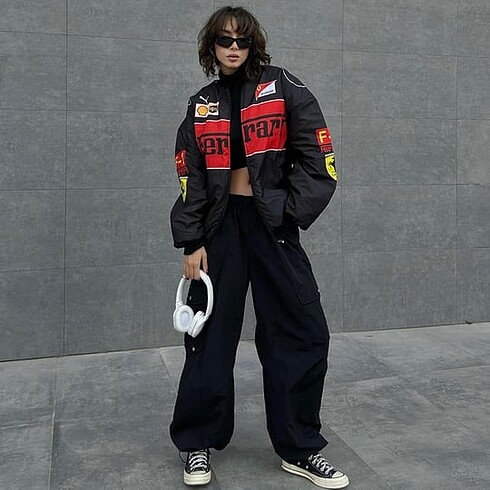 Diğer Siyah F1 Ferrari Racing Retro Unisex Bomber Ceket