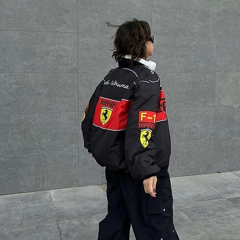 s Beden Siyah F1 Ferrari Racing Retro Unisex Bomber Ceket