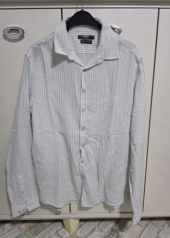 Erkek Beyaz Çizgili Keten Gömlek - Görsel 4